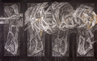,,Przekraczać granice'', rysunek, płyta MDF, 240x380cm, 2014 r.