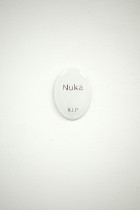 BEZDOMNE | instalacja | ceramiczne medaliony + grawer + wtarta w litery ziemia | 2025