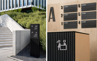 Nośniki przestrzenne dla systemu informacji wizualnej kompleksu biurowego Lakeside (praca zespołowa: Blank Studio)